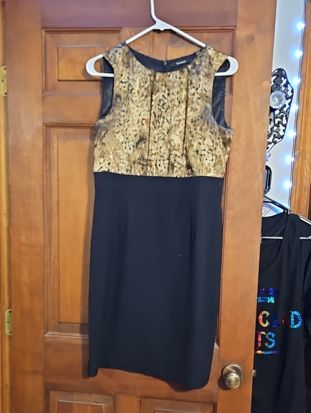Tahari Black Midi Dress with Gold Patterned Bodice